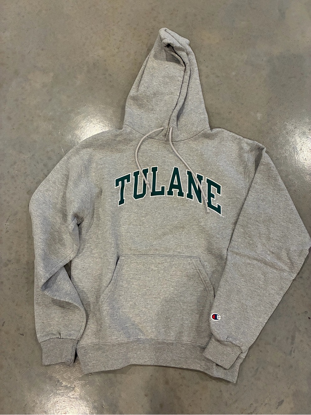 Champion Gray Tulane Crewneck Hoodie with Green Lettering